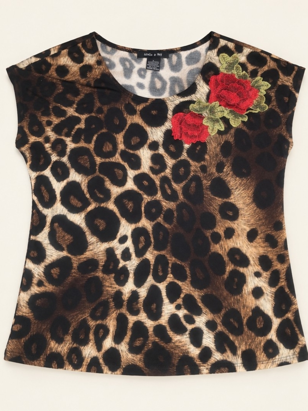 Adele & May Women’s Large Leopard Print Top with Red Rose Embroidery